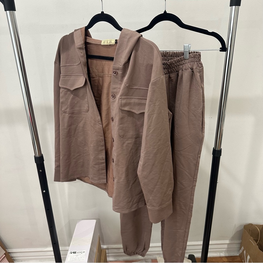 Brown Button-Up Shirt and Pants Set